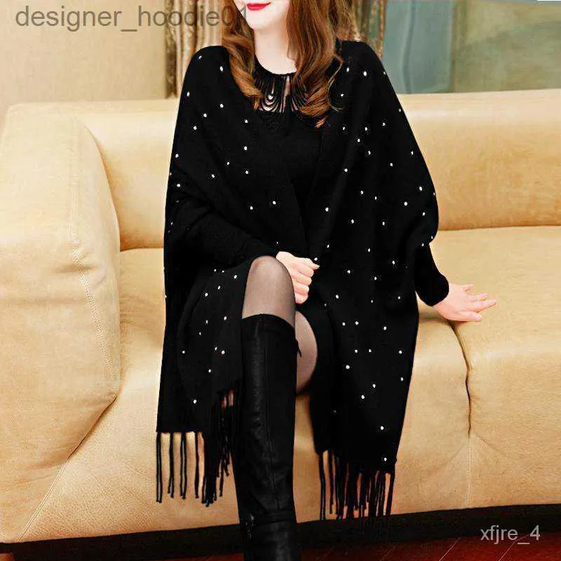 Cape Yucape و Shawl Coat Women's Spring/Autumn/Winter-Use-Use-Use-Cashmere-Sleeved Tassel Rhinestone Ele L230914