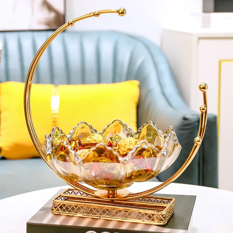 Luksusowe szklane miski owocowe lotosowy kwiat w kształcie kruszenia taca owocowa z metalowym bazowym koszykiem owocowym do stołowego jadalni