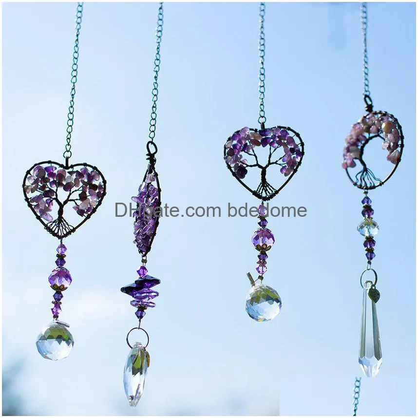 Anhänger Amethyst-Herz, Baum des Lebens, Wandbehang, Heilung, spirituell, Fensterdekoration, Chakra-Prisma, natürlicher Kristall-Anhänger, Heimdekoration, Dr Dhtud