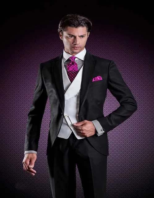 Mäns kostymer blazrar hög kvalitet en knapp svart brudgum tuxedos topp lapel groomsmen bästa man kostymer mens bröllop kostymer (jacka+byxor+väst+slips) nr 1164 L230914
