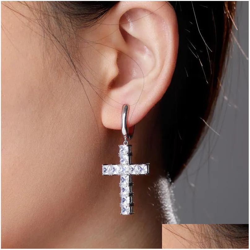 Hip Hop Cross Dangle örhängen smycken guld Sier Fashion Mens Diamond Zircon Earring Drop Delivery DHVGH