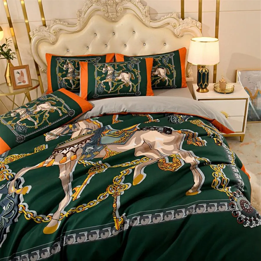 Luxury orange king designer bedding sets cotton horse printed queen size duvet cover bed sheet fashion pillowcases comforter set302s