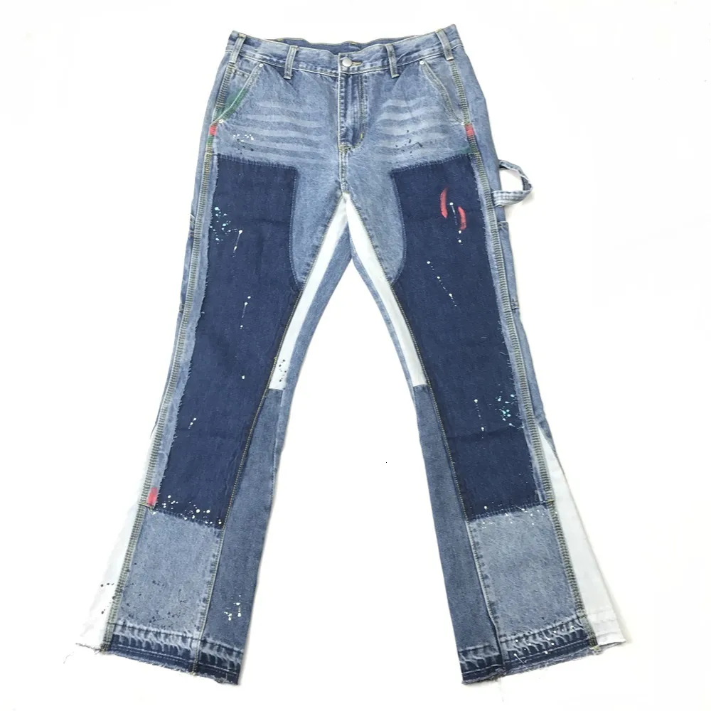 Herenjeans Blauw Veelkleurig Verfspatten Uitlopende Heren Gedeconstrueerde Patchwork Broek Acht Zak Styling 230914