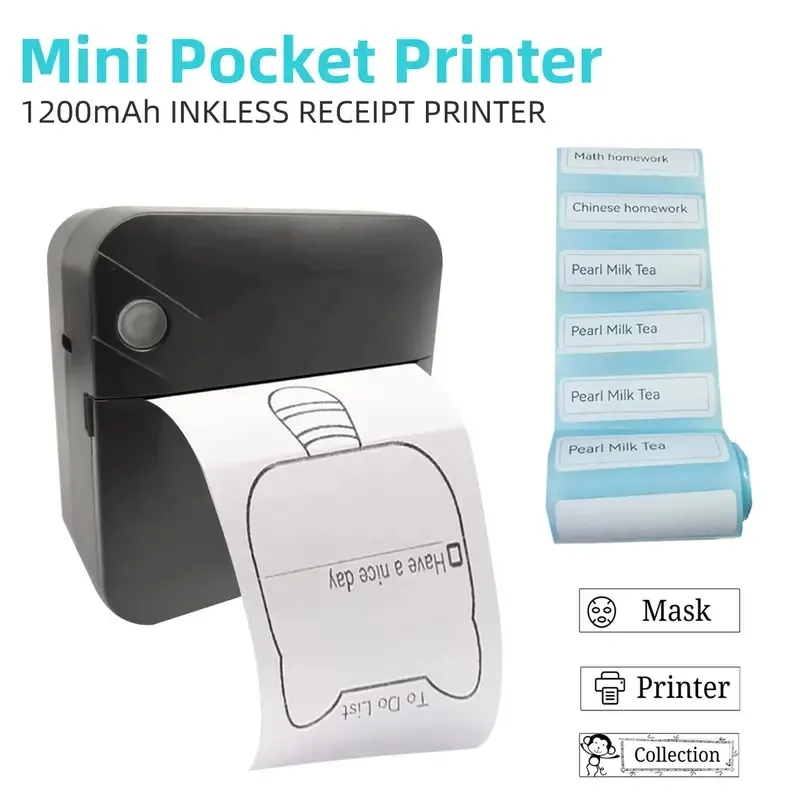 Mini Photo Printer Portable Wireless BT Thermal Photo för iOS Android Mobiltelefon, Inkless Print Print Study Etikett med 2roller papper