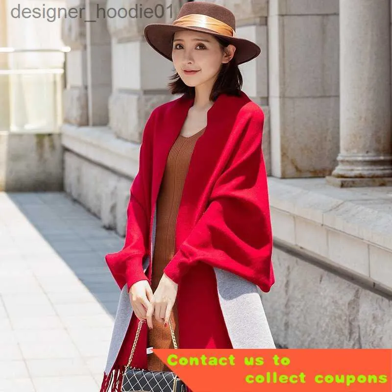 Capa feminina boa lei xale de ar condicionado feminino outono vermelho grosso quente escritório manga longa manto wearable novo elegante dupla face l230914