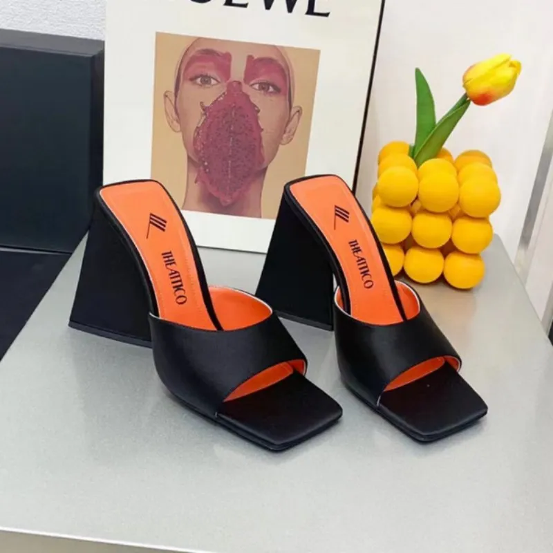 Spring and Autumn Period Latest fashion women`s slippers black silk square toe Flip flop thick heels Mini summer shoes 10cm women sandals designer high heels factory