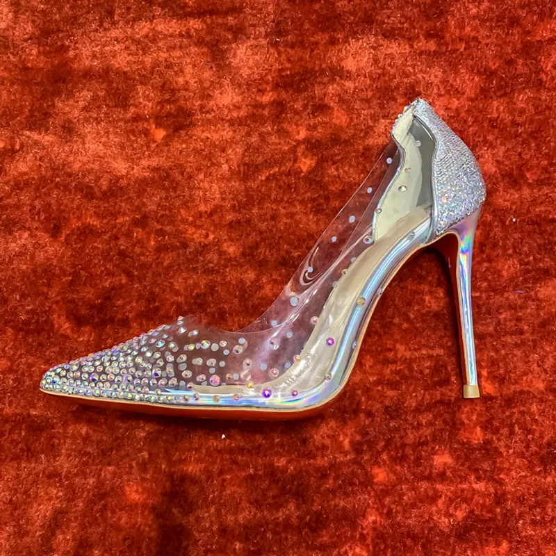 Seksowne obcasy sztyletowe srebrne diamenty przezroczyste buty damskie Wysokiej jakości skórzana wiosna i jesienne buty szklane seksowne buty weselne rozmiary 35-42 +pudełko