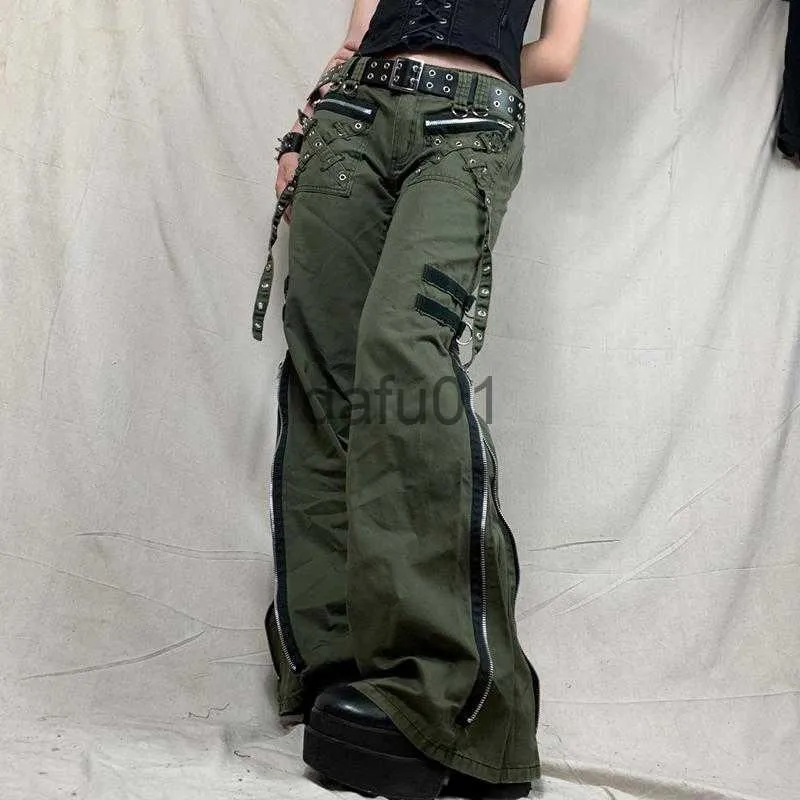 Jeans Femme Jeans pour femmes Y2k Grunge vert fermeture éclair bandage taille basse pantalon cargo gothique punk baggy rétro kawaii pantalon femmes pantalons de survêtement coréens x0914