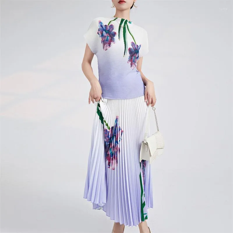 Work Dresses Summer Women's Clothes 2pcs Sets Miyake Party Vintage Floral Print Top T-Shirt Midi Pleated Skirt Suits Formal Outfits Q130