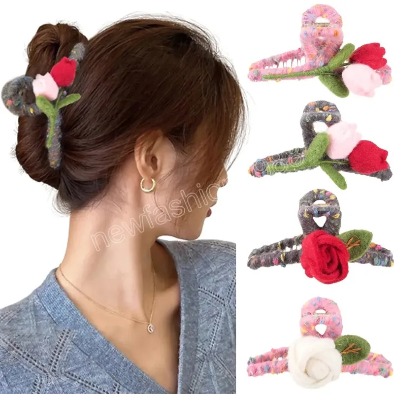 Grampo de cabelo de tulipa de 13cm, lã rosa, garra de cabelo para meninas, moda coreana, rabo de cavalo, grampo de cabelo, caranguejo, meninas, acessórios de cabelo temperamento