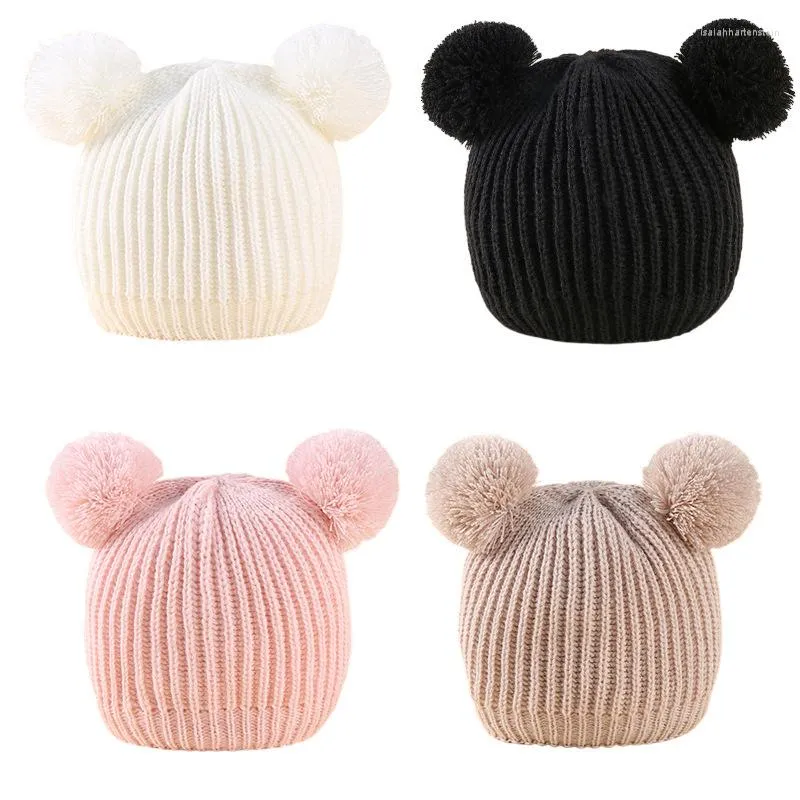 Bérets Cool Automne Hiver Chaud Mignon Bébé Chapeau Casquette Double Pompon Enfants Kawaii Bonnets Tricotés Pour Garçon Fille 1-3 Ans