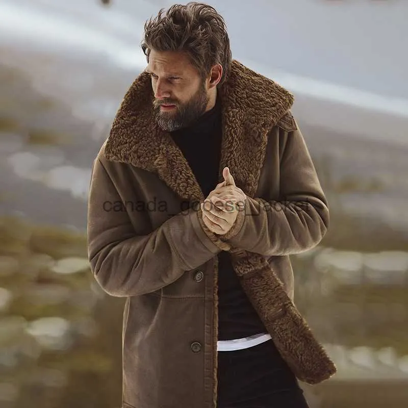 Pelliccia da uomo Pelliccia sintetica Giacca invernale da uomo Vintage Giacche in pelle da uomo Cappotto di pelliccia Finto marrone Bomber da moto Shearling ButtonL230914