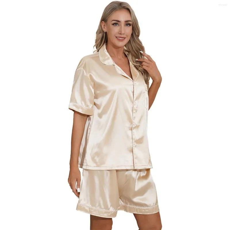 Vêtements de nuit pour femmes Femmes Satin Soyeux Pyjamas Ensemble Femme Col Encoche Manches Courtes Chemise Boutonnée Haut Avec Taille Élastique Boxer Shorts