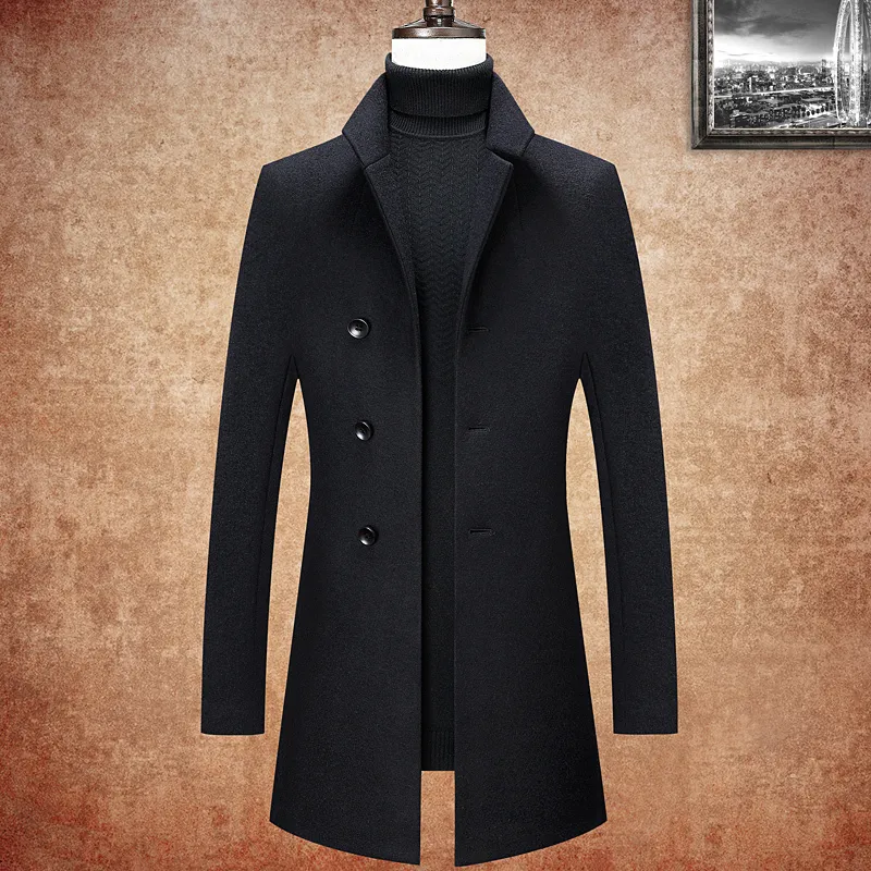 Herrgravrockar Casual Autumn Winter 47Wool blandar svart färg Vindbrytare Midlong Top Tjock Warm Jacket Overroco Outerwear 230914