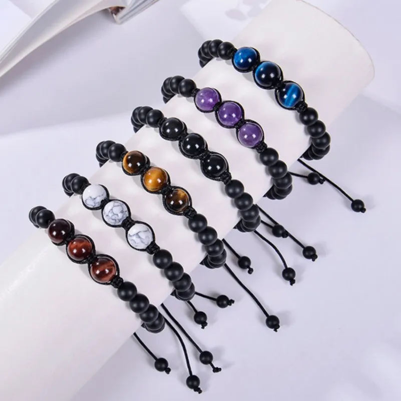 12MM Amethyst Bracelet Adjustable Beads Natural Stone Tiger Eye Black Frosted Bracelets for Men Women Fashion Jewelry