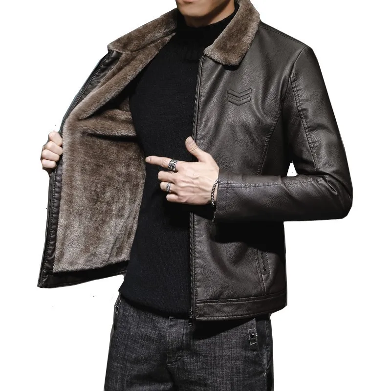 Couro masculino falso grosso marrom jaqueta dos homens inverno outono moda gola de pele à prova de vento casaco quente roupas de marca 230912