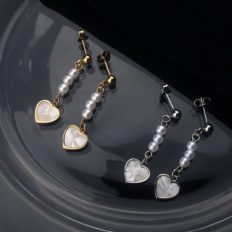 INS Style White Pearl Heart Charm Earring Stainless Steel Jewelry for Women Gift