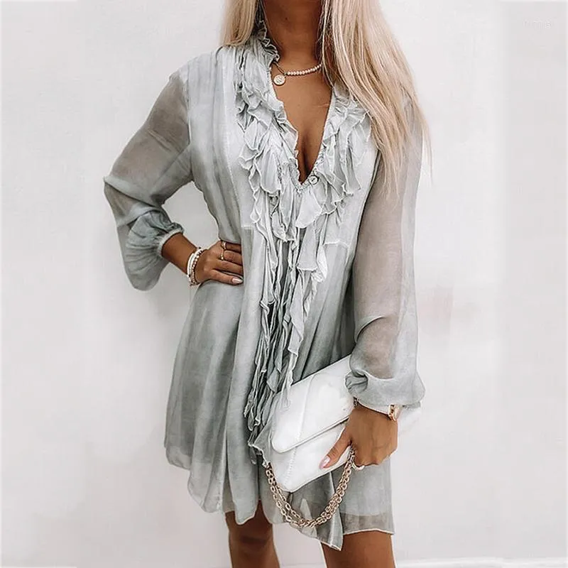 Casual Dresses Autumn Women Fashion Mesh Party Elegant Long Sleeve Loose Chiffon Dress Sexig V Neck Ruffle Ladies Beach Mini