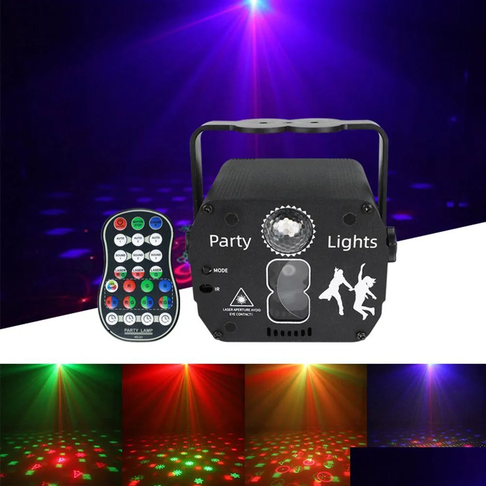 Illuminazione laser 8 occhi Palcoscenico Led Proiettore da discoteca Luce per feste Usb Dc 5V Funzione tempo di attivazione del suono Telecomando Lampada natalizia Dj Dhjkm