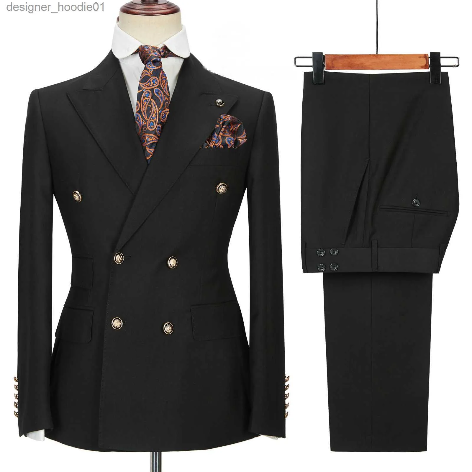 Мужские костюмы Пиджаки 2021 Черные свадебные смокинги на заказ Мужские костюмы Двубортный жених Лучший деловой пиджак 2 шт. (Куртка + брюки) L230914