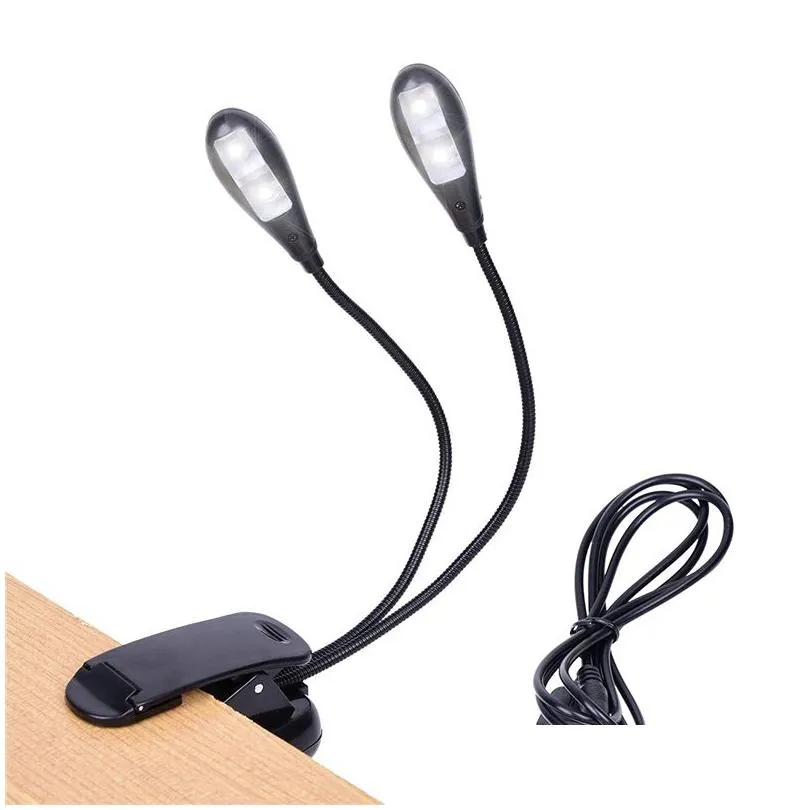 Luci da libro Led Clip Light Leggio per spartiti Illuminazione Doppia testa USB 4 LED Lampada da lettura per testiera da tavolo e computer Drop Delivery Ind Dhqom