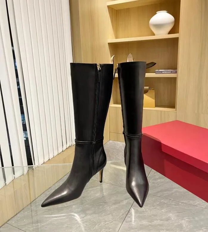 Dernières bottes longues pour femmes, talons hauts fins, fermeture éclair latérale pointue avec décoration de boucle, dessus en cuir de vachette, doublure en peau de mouton, semelle en cuir véritable taille 34-42