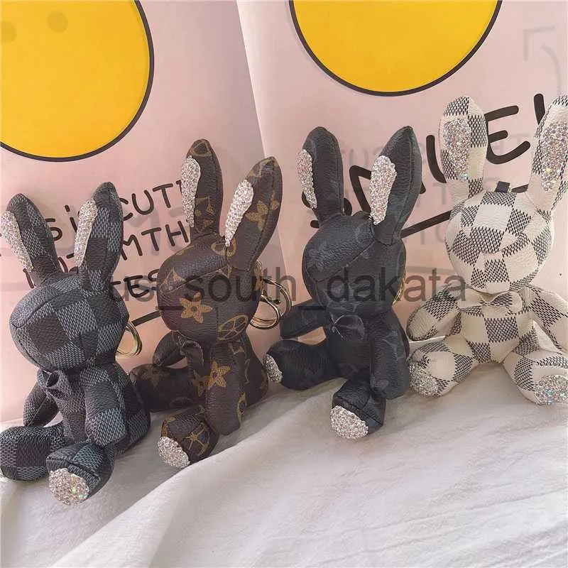 Key Rings Animal Rabbit Keyrings PU Leather Luxury Rhinestone Key Chains Rings Jewelry Fashion Black Brown Flower Plaid Design Pendant Bag C271R x0914