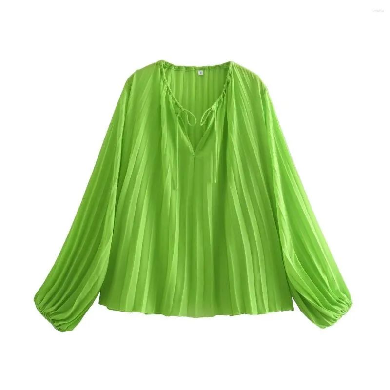 Женские блузки 2023, женская модная зеленая плиссированная блузка, шикарная женская блузка с длинными рукавами, v-образным вырезом, повседневная, элегантная, крутая, свободная, летняя, женская