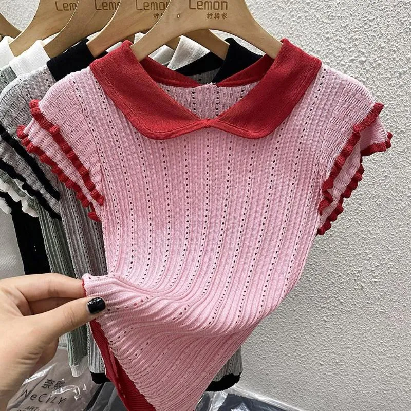 Women's Polos Korean Polo Collar Shirts Women Patchwork Short Sleeve Ladies Tops Knitted Hollow For Girls Female Summer Tees Drop