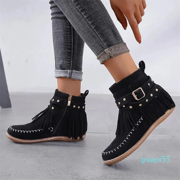 Botlar Plus Boyut35-43 Fringe Rome Moccasin Kadın Ayakkabı Sonbahar Kauçuk Düz Heel Ayak Bileği Düşük 2 cm Mujer Botas