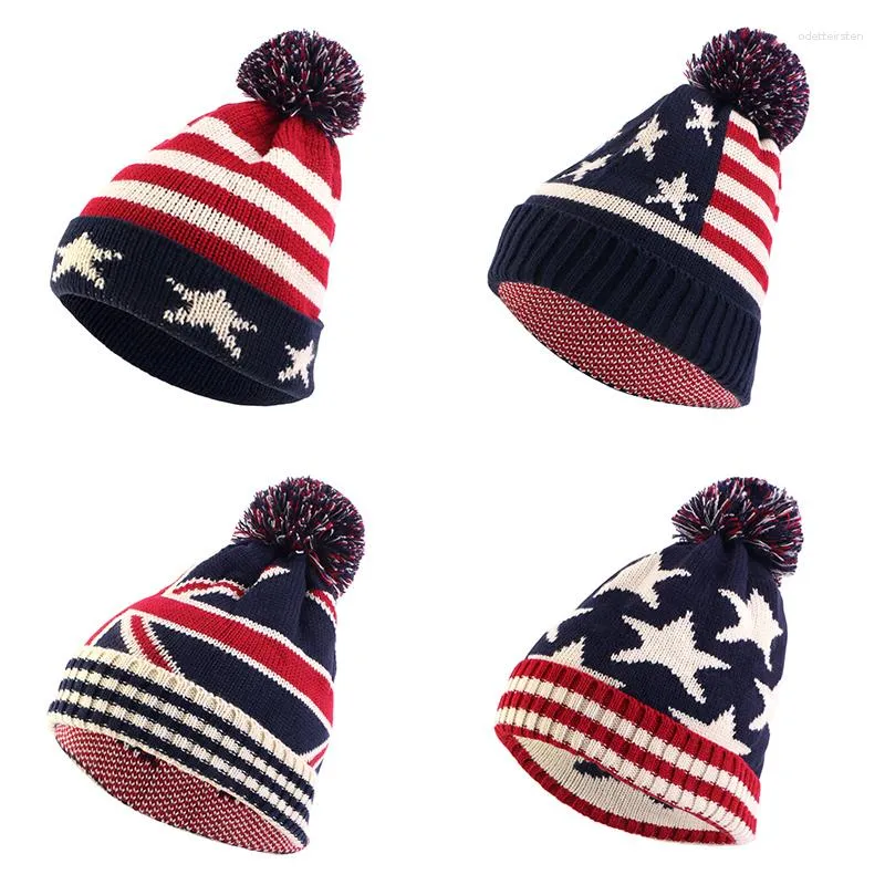 Berets Unisex British And American National Flag Knit Beanie Pom Poms Wooly Cap Ourdoor Ski Knitted Soft Thermal Hat