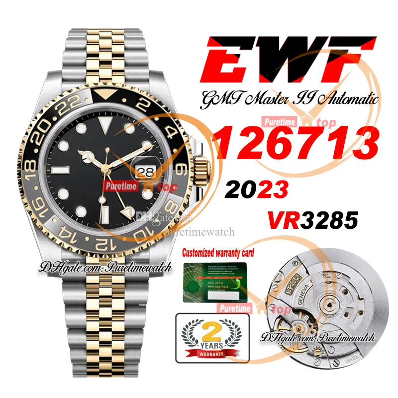 EWF GMT 126713 VR3285 Automatic Mens Watch Two Tone Yellow Gold Ceramics Bezel Black Stick Dial 904L Steel JubileeSteel Bracelet Super Edition Puretimewatch 05