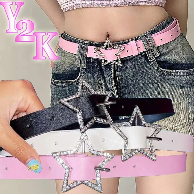 Y2K Yıldız Tokalı Kemer Pembe Deri Elastik Bağlayıcı Süslenmiş Beldet Pırıl Pileli Rhinestone Retro Gelin Dekorasyon Aksesuarları