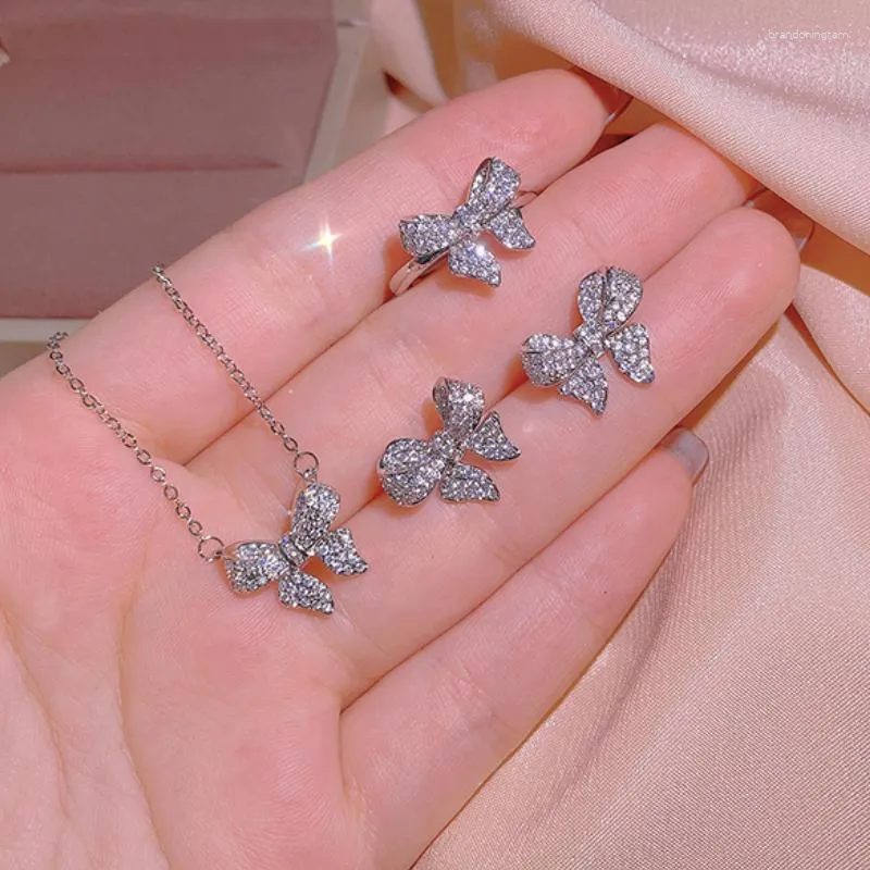 Necklace Earrings Set Three-piece Jewelry For Women Fashion Sparkly Zircon Butterfly Ring High Quality Wedding