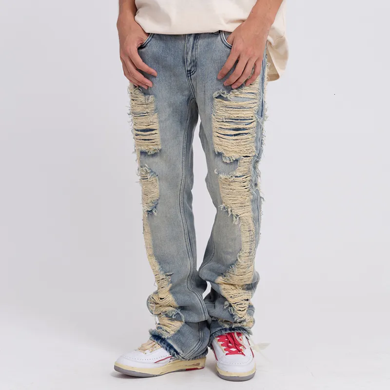 Мужские джинсы Harajuku, рваные, потертые, синие потертые джинсовые брюки для мужчин и женщин, уличная одежда с карманами, повседневные мешковатые джинсовые брюки 230914