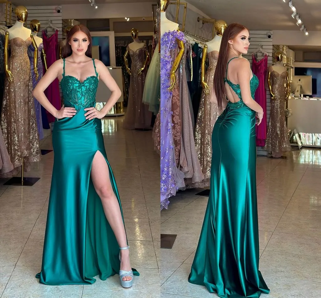 Dubai Arabic Hunter Green Mermaid Prom Dresses Spaghetti Straps Applique High Side Split Pleated Floor Length Formal Wear Birthday Pageant Evening Party Gowns