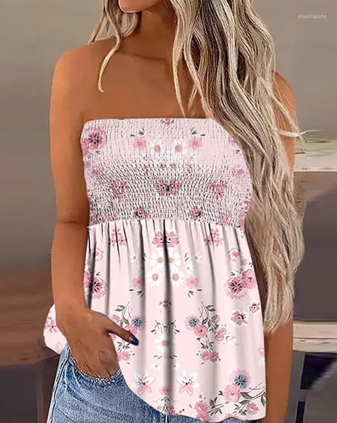 Dames Tanktop Dames 2023 Zomer Mode Roze Ditsy Bloemenprint Gesmokt Bandeau Informeel Mouwloos Dagelijks Ruches Tank Y2K Kleding