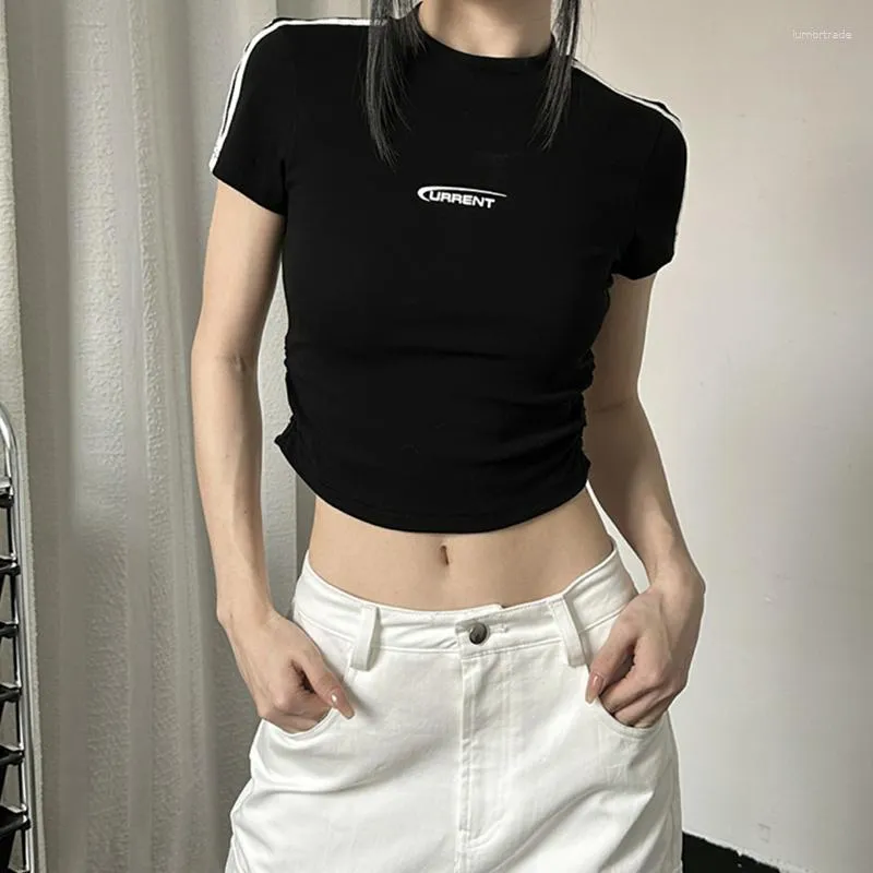 Mulheres camisetas roupas camiseta branca carta impressão em torno do pescoço manga curta top design plissado cintura alta magro menina picante