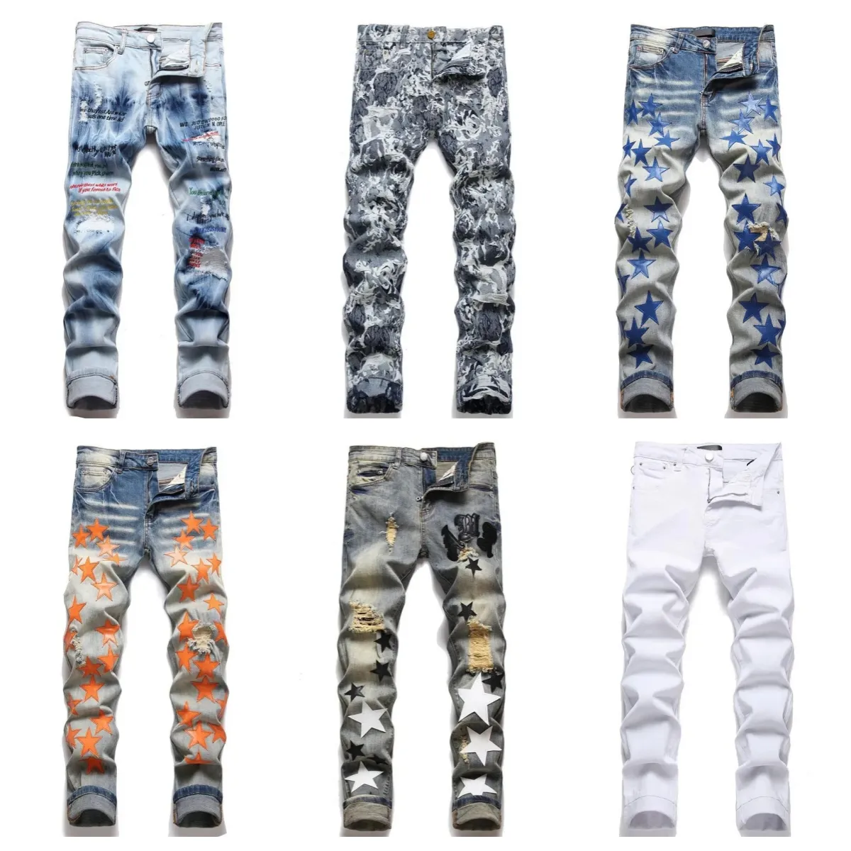 Luxury Mens Designer Skinny Jeans With Stars Pattern And Oversized Rips
