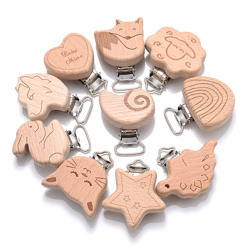 Teethers Toys 5PcsLot 16 Style Beech Wooden Clip Heart Animals Rainbow Shape Dummy Clips for Baby Pacifier Chain Holder Teether Accessories 230914