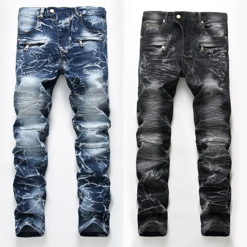 Mode heren buitenlandse handel lichtblauw zwarte jeans broek motorfiets biker denim voor heren mode wassen om de oude vouw te doen heren broek mans zwarte broek pour hommes