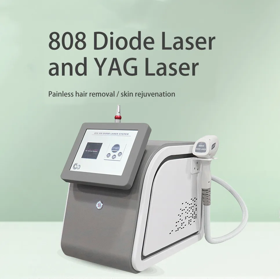 Tendenza 2 maniglie Rimuovi capelli 808 Macchina laser a diodi Tatuaggio Sopracciglia Rondella Nd Yag Correttore indolore pigmento Face Lifting Dispositivo per terapia bambola nera