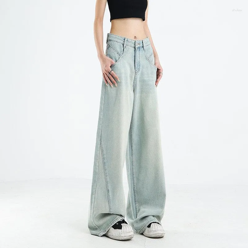 Women's Jeans Light Blue Retro Washed Wide-leg Thin Section 2023 Spring Autumn Loose High-waist Mopping Straight-leg Pants