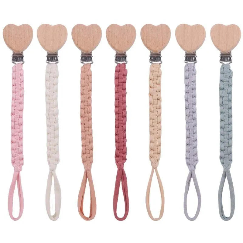 Pacifier Holders Clips# Baby Chain Hand Braided Cotton Cloth Handmade Heart Shape Wooden Dummy Clips For Nursing Teether Shower Gifts 230914