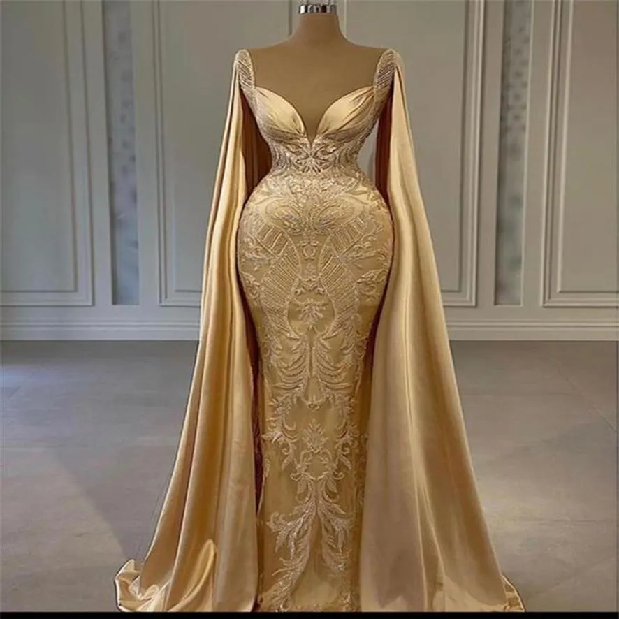 Robe de bal de forme sirène dorée, avec des appliques en dentelle perlée, tenue de soirée de deuxième réception, grande taille 2021, 243T