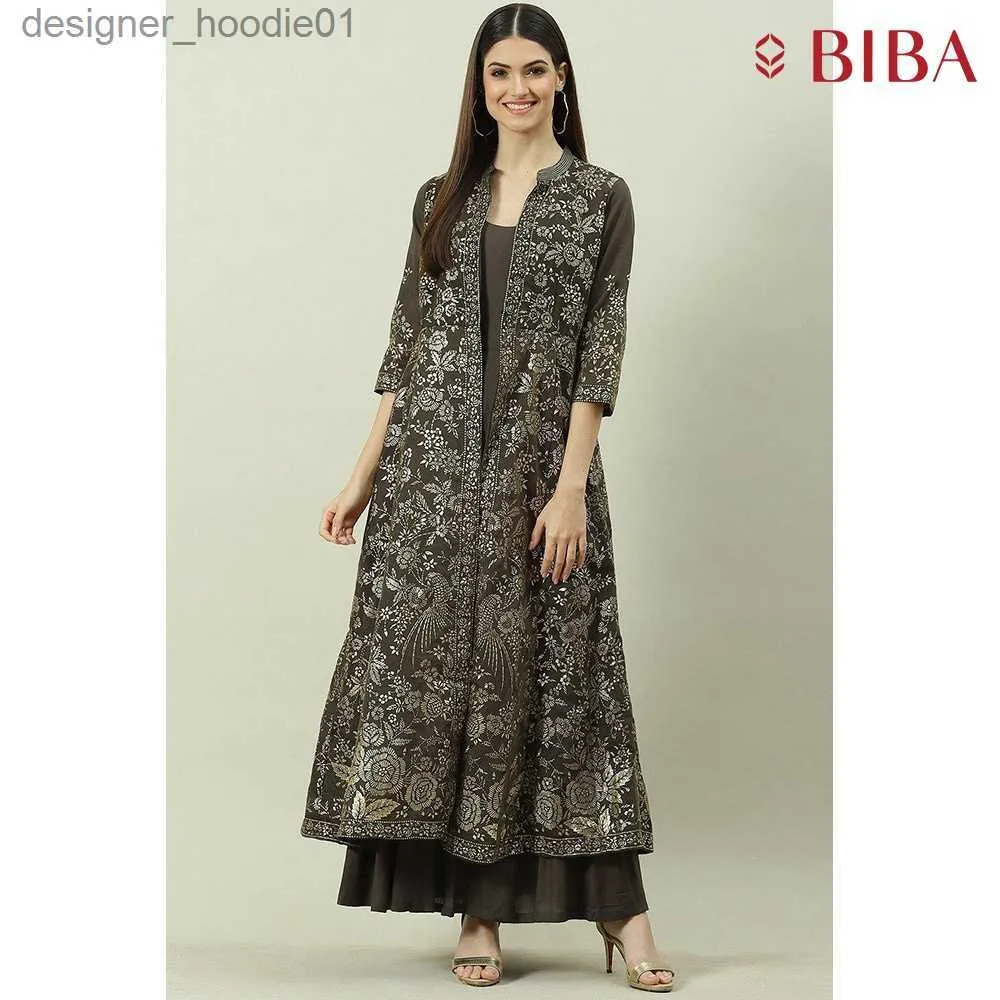 Women's Cape BIBA Ethnic Indian Wear Women's Charcoal Art Silk with Cape 3/4 Sleeve Printed Dress L230914