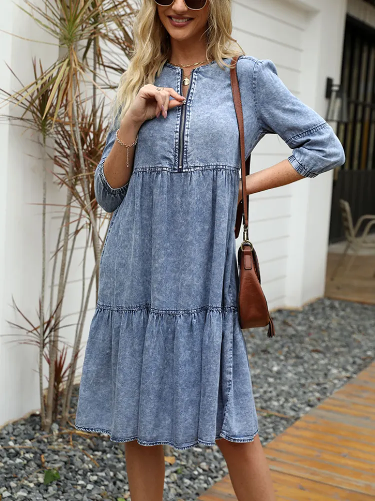 Basic Casual Dresses Denim Woman Autumn Imitation Vintage Clothes Solid Female Fashion Blue Dress KneeLength ONeck Clothe 230914