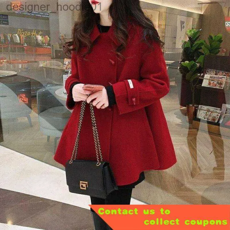 Women's Cape Thickened2021New Horn Button Small Woolen Cape Coat Women's Short Doll Collar Velvet Coat for Women AAQR L230914