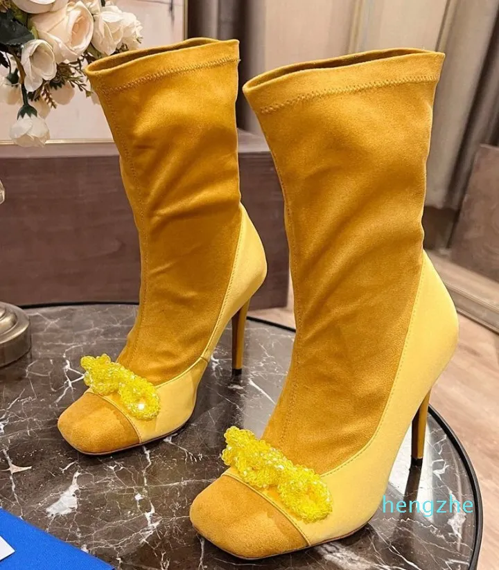Stretch Suede Stiletto Heels Ankle boots crystal beaded decorative square toe side zipper fashion boots Women's Designer