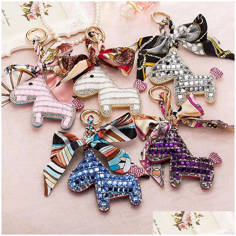 Crystal Little Horse Bowknot KeyChain Women Bag Pendant Charm Silk Suchves Keyrings Buckle Key Ring Holder Drop Delivery